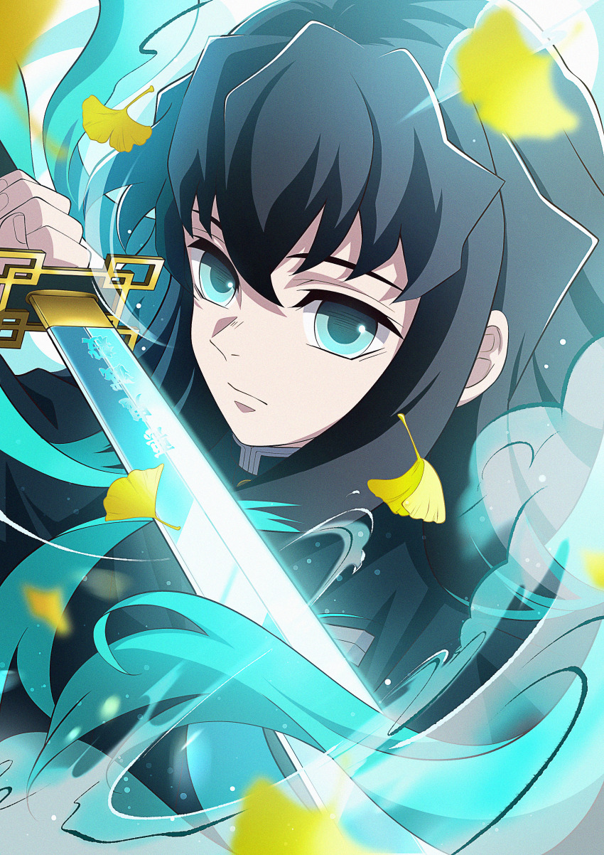 1boy absurdres aqua_eyes aqua_hair ava_illust black_hair closed_mouth colored_tips demon_slayer_uniform fog ginkgo_leaf highres holding holding_sword holding_weapon katana kimetsu_no_yaiba leaf long_hair looking_at_viewer male_focus multicolored_hair solo sword sword_writing tokitou_muichirou two-tone_hair weapon