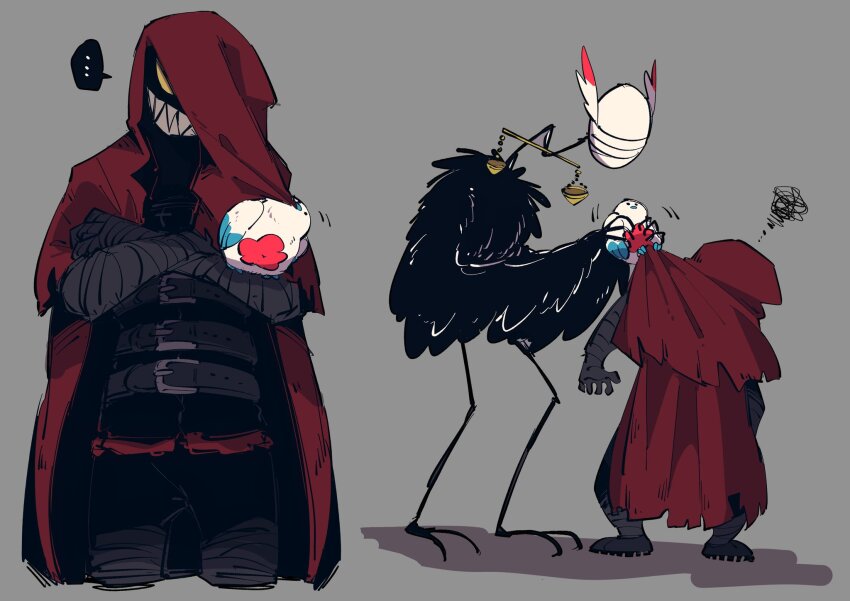 1girl belt bird black_pants blindfold boots brown_belt brown_boots cape capelet cowboy_shot crossed_arms full_body highres hood hooded_cape hooded_capelet judgement_bird little_red_riding_hooded_mercenary lobotomy_corporation pants project_moon punishing_bird red_cape red_capelet sabaage squiggle wrist_wrap