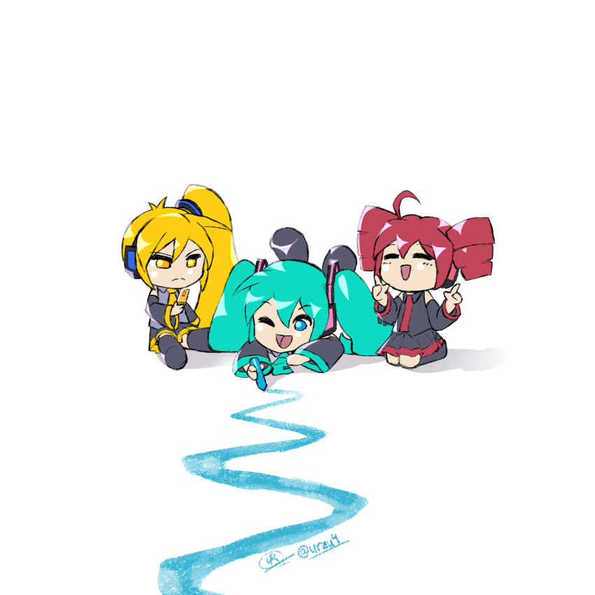 3girls akita_neru cellphone crayon drill_hair hatsune_miku highres holding holding_phone kasane_teto kasane_teto_(utau) multiple_girls necktie open_mouth phone signature simple_background smile synthesizer_v triple_baka_(vocaloid) twin_drills urzu4 utau vocaloid white_background