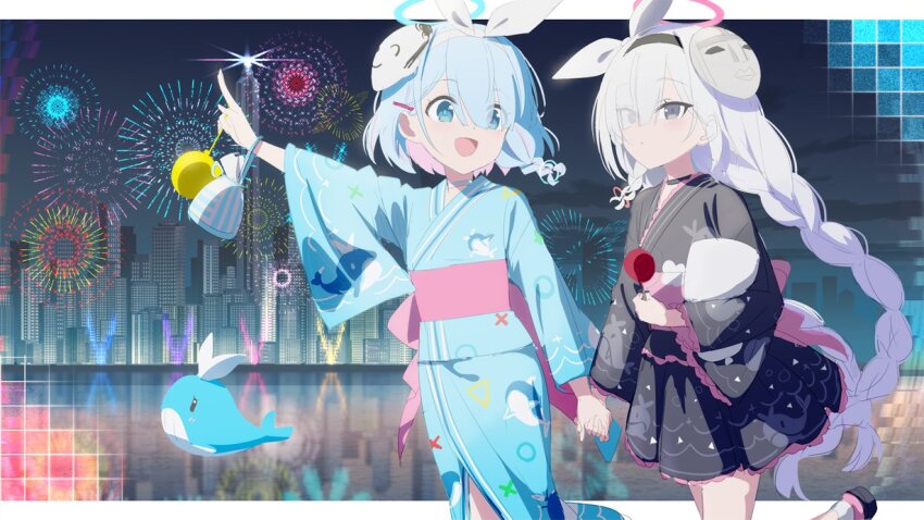 2girls aerial_fireworks arona_(blue_archive) black_hairband black_kimono blue_archive blue_eyes blue_hair blue_halo blue_kimono braid building colored_inner_hair doodle_sensei_(blue_archive) fireworks gotyou grey_eyes grey_hair hair_over_one_eye hairband halo index_finger_raised japanese_clothes kimono long_hair long_sleeves mask mask_on_head multicolored_hair multiple_girls obi open_mouth parted_lips phrenapates_(blue_archive) pink_hair plana_(blue_archive) red_halo sash sensei_(blue_archive) short_hair single_braid smile wide_sleeves