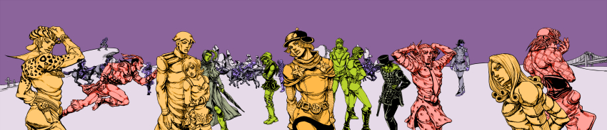 2girls 6+boys absurdres andre_boomboom axl_ro benjamin_boomboom blackmore bridge character_request diego_brando disco_(jojo) disco_(sbr) doctor_ferdinand dr._ferdinand eleven_men_(jojo) eleven_men_(sbr) everyone funny_valentine gyro_zeppeli highres horse hot_pants_(sbr) johnny_joestar jojo_no_kimyou_na_bouken l._a._boomboom l_a_boomboom long_image lucy_steel magenta_magenta metamin_(memethah) mike_o mike_o. mountain_tim multiple_boys multiple_girls pork_pie_hat_kid purple_background ringo_roadagain steel_ball_run steven_steel sugar_mountain wekapipo wide_image