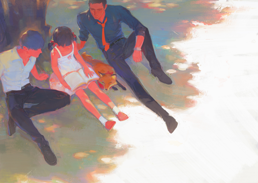 1girl 2boys absurdres black_hair black_pants black_shoes book brown_hair creamyghost doujima_nanako doujima_ryoutarou dress family fox highres kitsune_(persona_4) looking_at_another multiple_boys narukami_yu necktie open_book pants persona persona_4 reading red_necktie shirt shoes sitting socks tree under_tree white_dress white_shirt white_socks