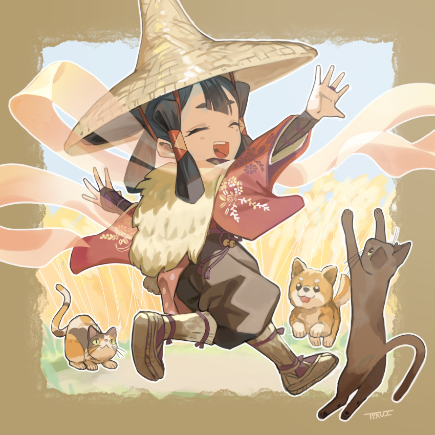 1girl :d absurdres artist_name black_hair border brown_border brown_footwear cat closed_eyes day hair_rings hair_tubes hat highres open_mouth outdoors rice_hat running sakuna-hime shiba_inu smile solo tensui_no_sakuna-hime tyaui_(xjju4435) wheat wide_sleeves