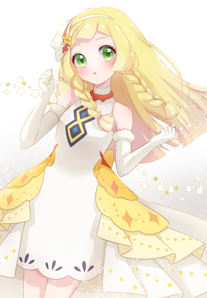 025sakura393 1girl blonde_hair blush braid commentary_request dress elbow_gloves eyelashes gloves green_eyes hairband hands_up head_tilt highres lillie_(anniversary_2024)_(pokemon) lillie_(pokemon) long_hair nintendo pokemon pokemon_masters_ex sleeveless sleeveless_dress solo star_(symbol) twin_braids white_background white_dress white_gloves white_hairband