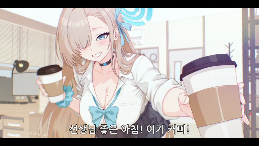1girl absurdres asuna_(blue_archive) black_choker blue_archive blue_eyes blush breasts choker cleavage cup grin hair_over_one_eye hair_ribbon highres holding large_breasts letterboxed long_hair looking_at_viewer mole mole_on_breast mug odiseo ribbon shirt smile solo white_shirt