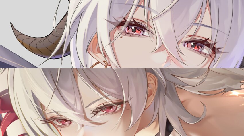 1girl absurdres black_choker black_horns chigusa7h choker column_lineup commentary_request curled_horns earrings eye_focus hair_ornament highres horns jewelry looking_at_viewer mole mole_under_eye multiple_views red_eyes white_hair wuthering_waves zani_(wuthering_waves)