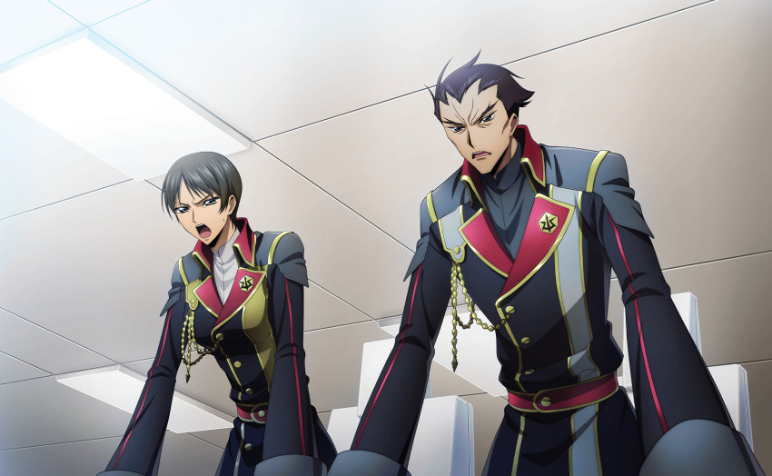 1boy 1girl architecture artist_request breasts brown_eyes brown_hair buttons chiba_nagisa closed_mouth code_geass code_geass:_lost_stories game_cg gloves grey_eyes highres indoors jacket long_sleeves looking_at_viewer medium_breasts military_uniform non-web_source official_art pocket short_hair sidelocks standing toudou_kyoushirou