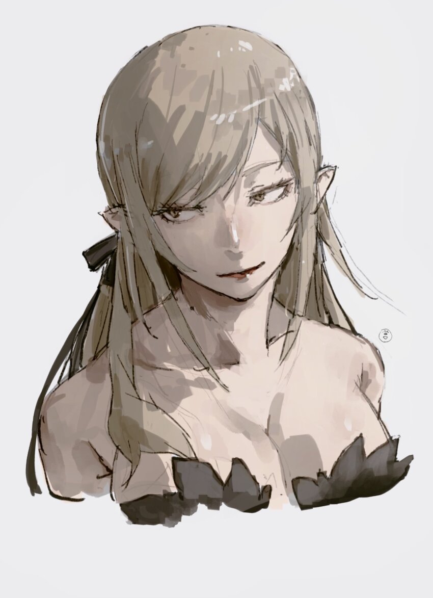 1girl artist_logo bare_shoulders black_ribbon blonde_hair breasts cleavage collarbone dress feather-trimmed_dress feather_trim hair_ribbon highres kiss-shot_acerola-orion_heart-under-blade kizumonogatari large_breasts logo long_hair monogatari_(series) oshino_shinobu pointy_ears ribbon simple_background smile solo strapless strapless_dress taki_(a313131333) vampire very_long_hair white_background yellow_eyes