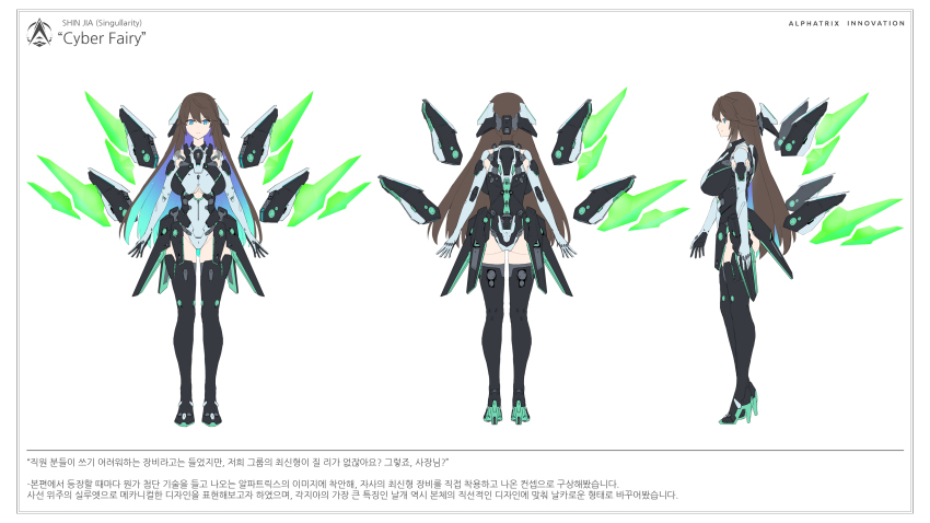 1girl absurdres arms_at_sides blue_eyes blue_hair boots breasts brown_hair colored_inner_hair counter:side full_body gloves green_eyes high_heels highres impossible_clothes impossible_leotard large_breasts leotard long_hair looking_at_viewer maxilax mecha_musume multicolored_hair multicolored_leotard multiple_views open_hands reference_sheet shin_jia simple_background standing thigh_boots thighhighs turnaround two-tone_hair very_long_hair white_background white_leotard wings