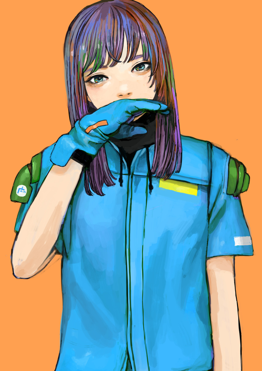 1girl absurdres blue_gloves covering_own_mouth gloves hand_up highres jacket junjunforever long_hair looking_at_viewer multicolored_hair orange_background original purple_hair short_sleeves simple_background solo upper_body