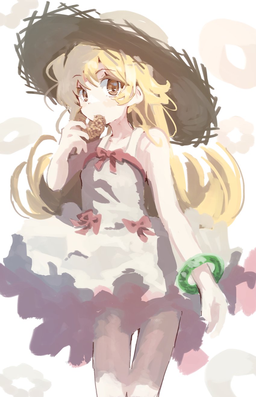 1girl blonde_hair bracelet cowboy_shot donut dress flat_chest flipped_hair food hat highres holding holding_donut holding_food jewelry long_hair looking_at_viewer monogatari_(series) oshino_shinobu priority9 simple_background sketch sleeveless sleeveless_dress solo straw_hat white_background white_dress yellow_eyes