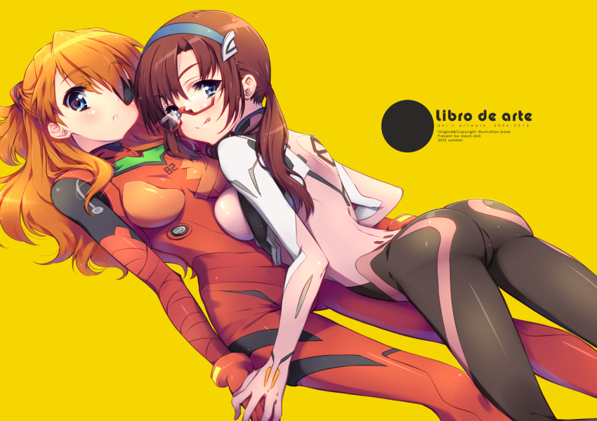 10s 2girls ass blue_eyes bodysuit brown_hair evangelion:_3.0_you_can_(not)_redo eyepatch glasses holding_hands lying makinami_mari_illustrious mecha_pilot_suit multiple_girls neon_genesis_evangelion orange_hair pandaki_(aki) plugsuit_(evangelion) rebuild_of_evangelion souryuu_asuka_langley tongue tongue_out twintails yuri