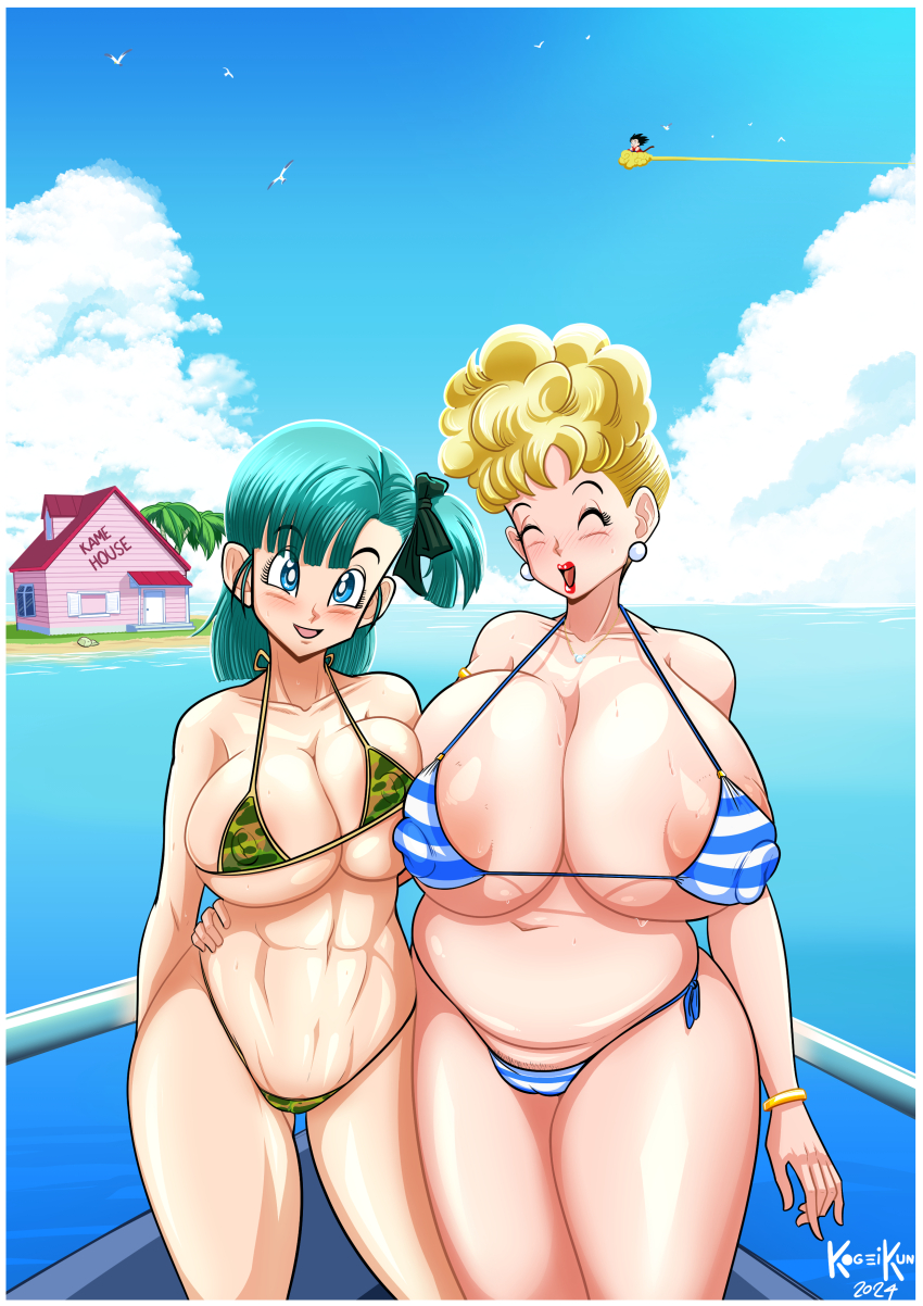 2girls absurdres bikini blonde_hair blue_eyes breast_press breasts bulma closed_eyes covered_erect_nipples dragonball_z earrings green_hair highres huge_breasts jewelry kame_house kogeikun lipstick looking_at_viewer makeup mature_female mother_and_daughter multiple_girls nipples open_mouth panchy piercing red_lips swimsuit water