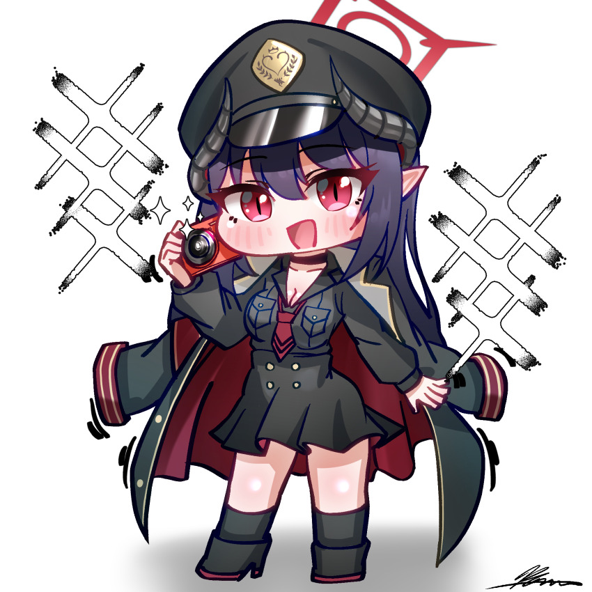 black_jacket black_shirt black_skirt blue_archive breasts chiaki_(blue_archive) chibi demon_girl demon_horns halo hat highres horns jacket large_breasts long_hair looking_at_viewer military_hat necktie purple_hair red_eyes red_halo red_necktie school_uniform shirt skirt solharuu thighs