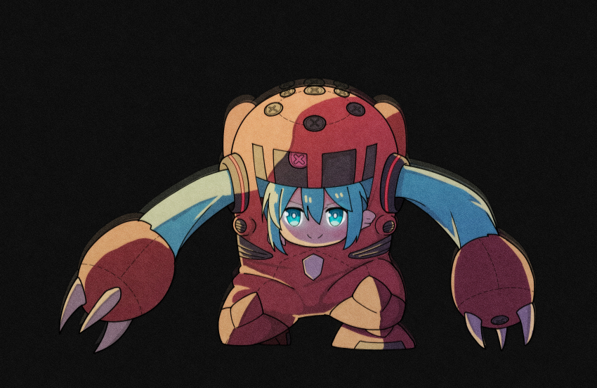 1girl absurdres black_background blue_eyes blue_hair bright_pupils chibi chibi_only claws closed_mouth commentary_request cosplay double-parted_bangs film_grain gundam hair_between_eyes hatsune_miku highres long_hair looking_at_viewer mobile_suit_gundam nkeo sd_gundam simple_background smile solo split_mouth twintails very_long_hair vocaloid white_pupils z&#039;gok_char_custom z&#039;gok_char_custom_(cosplay)