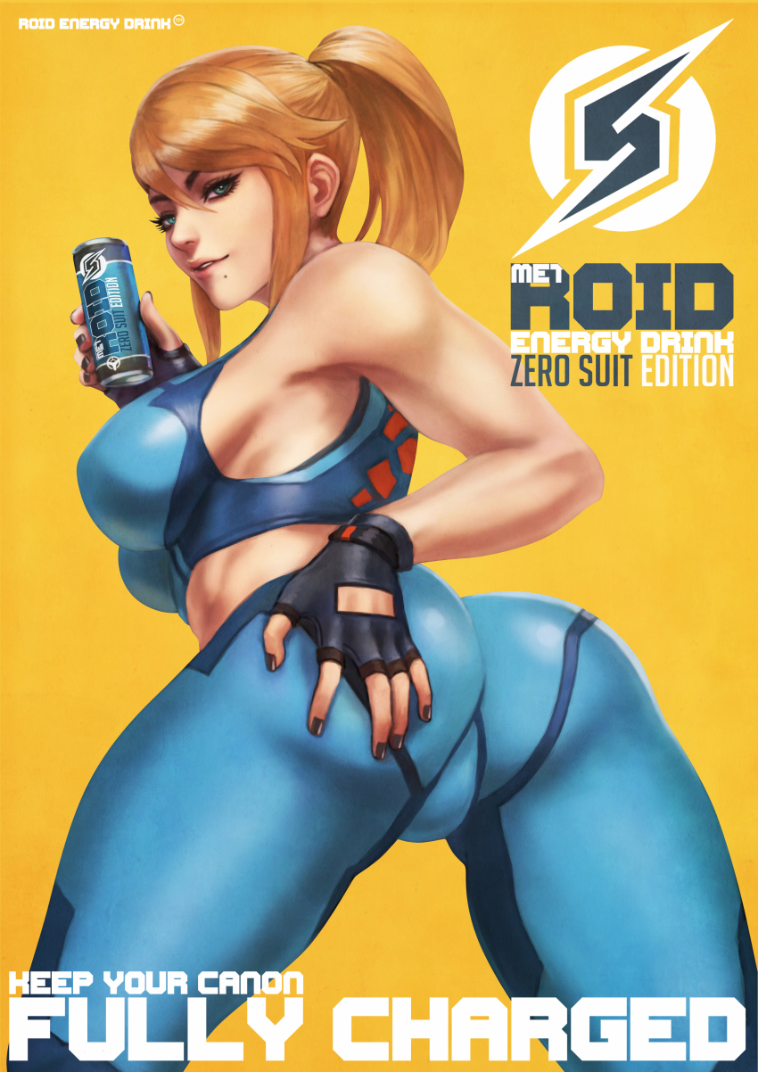 1girl absurdres ad adapted_costume ass ass_grab bent_over black_gloves black_nails blonde_hair blue_eyes blue_pants blue_sports_bra breasts commentary cup disposable_cup energy_drink english_commentary english_text eyelashes fat_mons fingernails from_behind gloves hair_between_eyes hand_on_own_ass highres large_breasts lips long_hair looking_at_viewer looking_back makeup mascara metroid mismatched_eyebrows mole mole_under_eye monori_rogue nail_polish nintendo nose paid_reward_available pants ponytail samus_aran solo sports_bra thick_thighs thighhighs thighs tight_clothes tight_pants toned twisted_torso yellow_background yoga_pants zero_suit