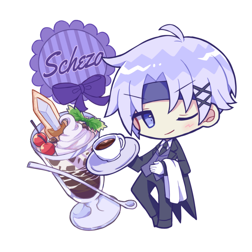 1boy ;) ahoge black_jacket black_necktie black_pants black_shoes blush character_name cherry chibi chibi_only closed_mouth collared_shirt commentary_request cup drinking_glass food fruit full_body futaba969649 gloves hair_ornament headband highres holding holding_tray jacket long_sleeves looking_at_viewer male_focus necktie one_eye_closed open_clothes open_jacket pants parfait purple_eyes purple_hair purple_headband purple_vest puyopuyo schezo_wegey shirt shoes short_hair simple_background smile solo spoon standing tea towel tray v-shaped_eyebrows vest waiter white_background white_gloves white_shirt x_hair_ornament