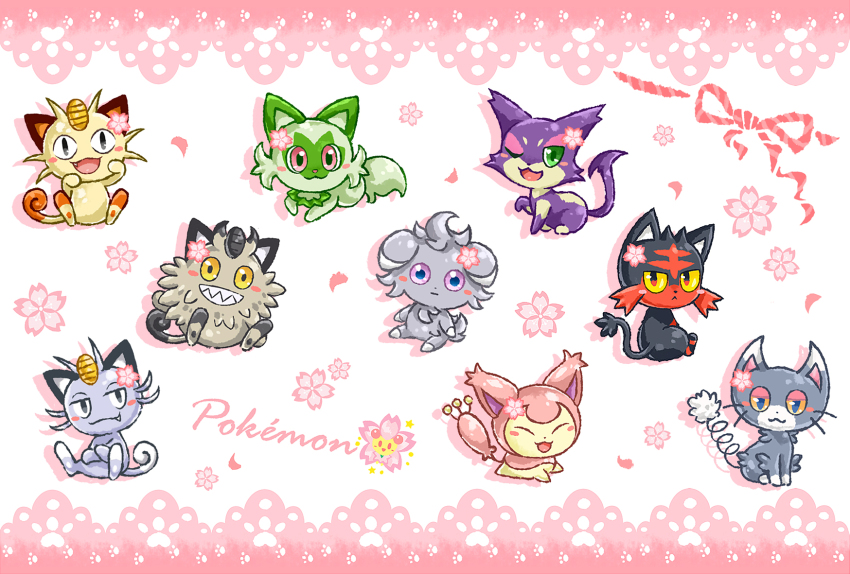 alolan_form alolan_meowth animal_focus blush cat cherrim cherrim_(sunshine) closed_mouth commentary_request espurr flower galarian_form galarian_meowth gen_1_pokemon gen_3_pokemon gen_4_pokemon gen_5_pokemon gen_6_pokemon gen_7_pokemon gen_8_pokemon glameow highres jin_(az2492079) litten looking_at_viewer looking_back meowth nintendo no_humans open_mouth pink_flower pokemon pokemon_(creature) purrloin sitting skitty smile sprigatito