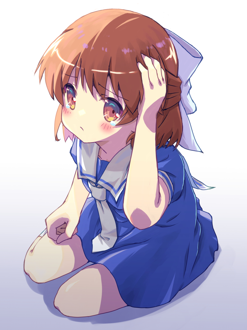 1girl akayama_yukihe blue_dress blush bow brown_eyes brown_hair child clannad closed_mouth commentary_request dress from_above frown full_body hair_between_eyes hair_bow half_updo hand_on_own_head highres kindergarten_uniform long_hair looking_at_viewer medium_hair necktie okazaki_ushio sailor_collar sailor_dress short_sleeves sidelighting simple_background sitting solo tareme white_background white_bow white_necktie white_sailor_collar