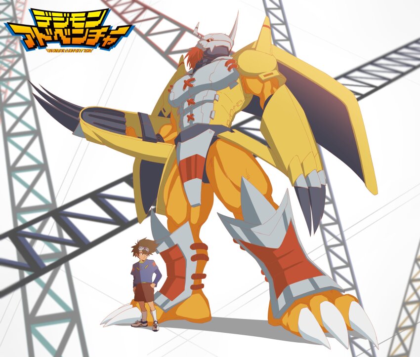 2boys armor brown_hair brown_pants clawed_gauntlets closed_mouth colored_skin copyright_name digimon digimon_(creature) digimon_adventure digimon_adventure:_bokura_no_war_game dragon_boy goggles goggles_on_head green_eyes hand_in_pocket hello_isedol helmet highres layered_sleeves long_sleeves multiple_boys orange_skin pants red_hair shin_guards short_over_long_sleeves short_sleeves shoulder_spikes size_difference socks spiked_hair spikes standing star_(symbol) star_print wargreymon white_socks wings yagami_taichi