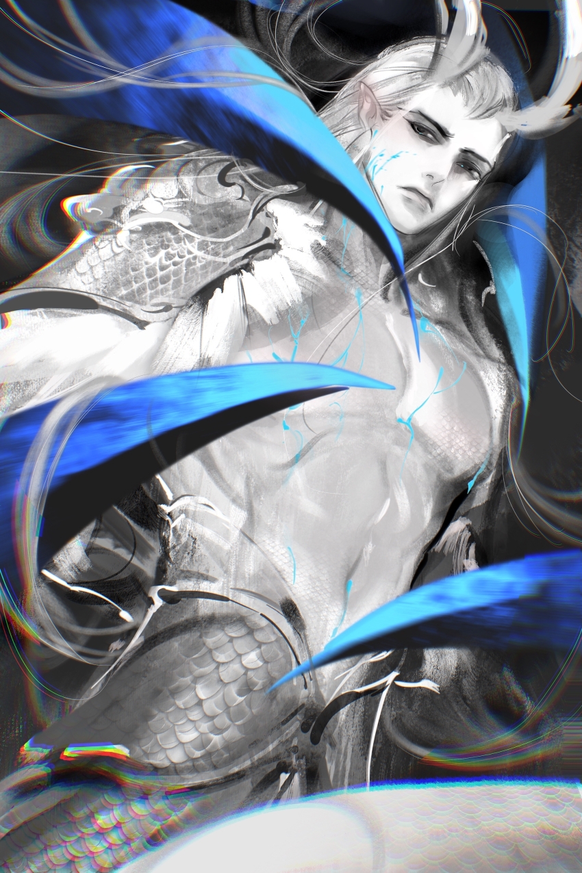 1boy absurdres ao_guang_(nezha_zhi_motong_jiangshi) ao_run_(nezha_zhi_motong_jiangshi) blue_claws cyano-ra dragon_horns floating_hair greyscale highres horns long_hair looking_at_viewer monochrome nezha_zhi_motong_jiangshi pointy_ears toned toned_male