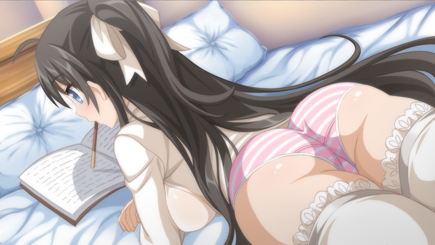 :o ass bed black_hair blue_eyes book ears game_cg hair_bun long_hair mieko_(sakura_swim_club) panties pantyhose pen pig_tail pillow pink_panties room sakura_swim_club shirt tail underwear wanaca writing