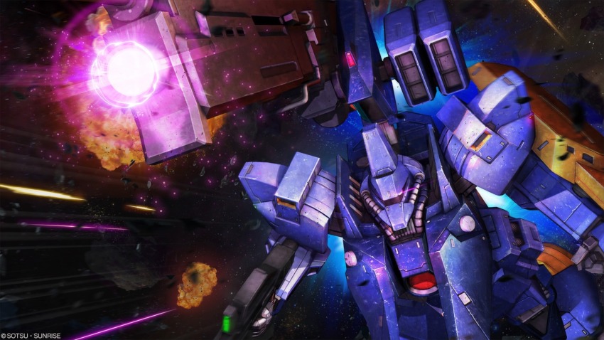 absurdres advance_of_zeta battle beam_cannon beam_rifle cable company_name copyright_notice energy energy_beam energy_gun explosion fake_screenshot galbaldy_beta_high_mobility_type glowing gundam gundam_battle_operation_2 highres holding holding_weapon machinery mecha mecha_focus motion_lines no_humans official_art realistic robot science_fiction shield shoulder_cannon solo space sunrise_(company) tenjin_hidetaka thrusters titans_(gundam) weapon
