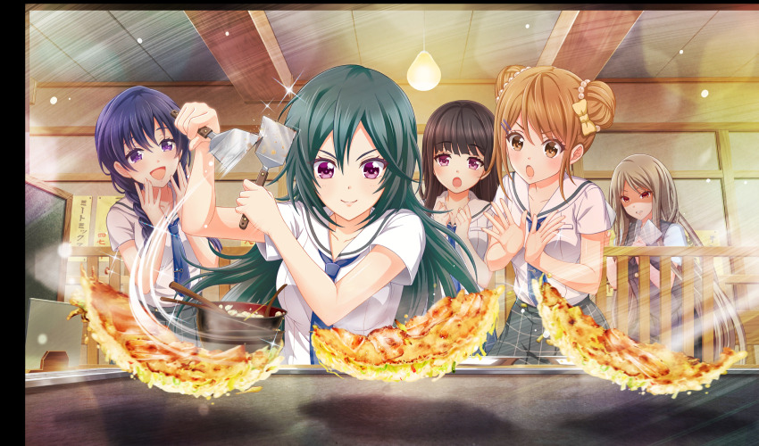 5girls :d beads black_hair blue_hair blue_necktie bow braid brown_eyes brown_hair cinderella_series clenched_teeth closed_mouth cooking double_bun food game_cg green_hair grey_skirt griddle hachigatsu_no_cinderella_nine hair_beads hair_bow hair_bun hair_ornament hairclip hands_up highres hiiragi_kotoha holding holding_spatula indoors jinguji_sayaka kondou_saki light_brown_hair long_hair looking_at_food low_twin_braids multiple_girls nagai_kanako necktie nitta_minako non-web_source official_art okonomiyaki open_mouth plaid_clothes plaid_skirt pleated_skirt purple_eyes sailor_collar satogahama_school_uniform school_uniform serafuku shaded_face shirt short_sleeves skirt smile sparkle spatula summer_uniform teeth twin_braids v-shaped_eyebrows white_sailor_collar white_shirt yellow_bow