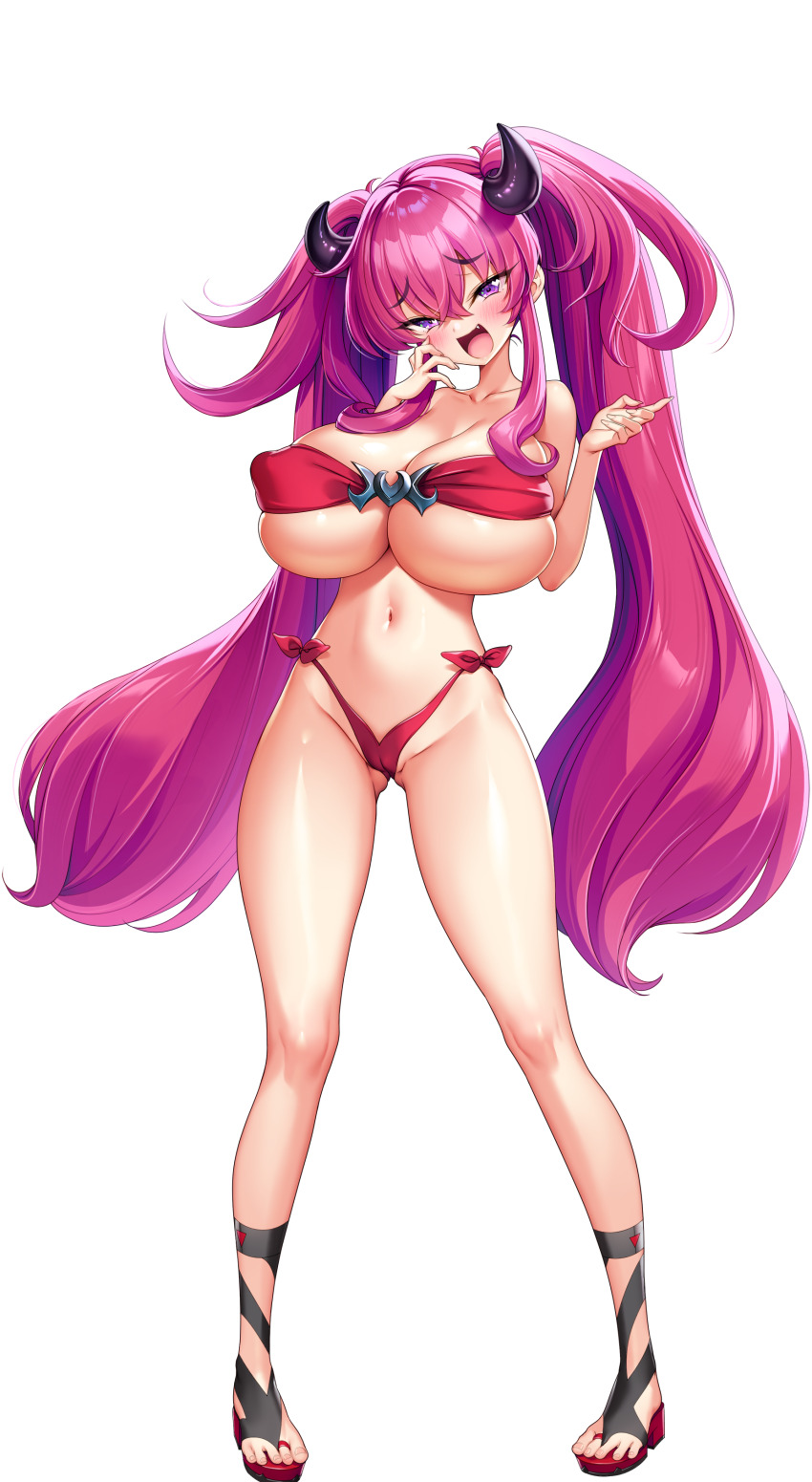 1girl absurdres akagi_rio bikini black_horns blush breasts cameltoe cross-laced_sandals curved_horns dragon_girl dyzenia_dracour fang full_body game_cg gloves highres horns huge_breasts long_hair looking_at_viewer mesugaki milk_factory motto!_haramase!_honoo_no_oppai_isekai_oppai_maid_gakuen! naughty_face navel non-web_source official_art open_mouth pink_hair purple_eyes raised_inner_eyebrows red_bikini side-tie_bikini_bottom skindentation smile smug sprite_art strapless strapless_bikini swimsuit tachi-e teasing transparent_background twintails very_long_hair