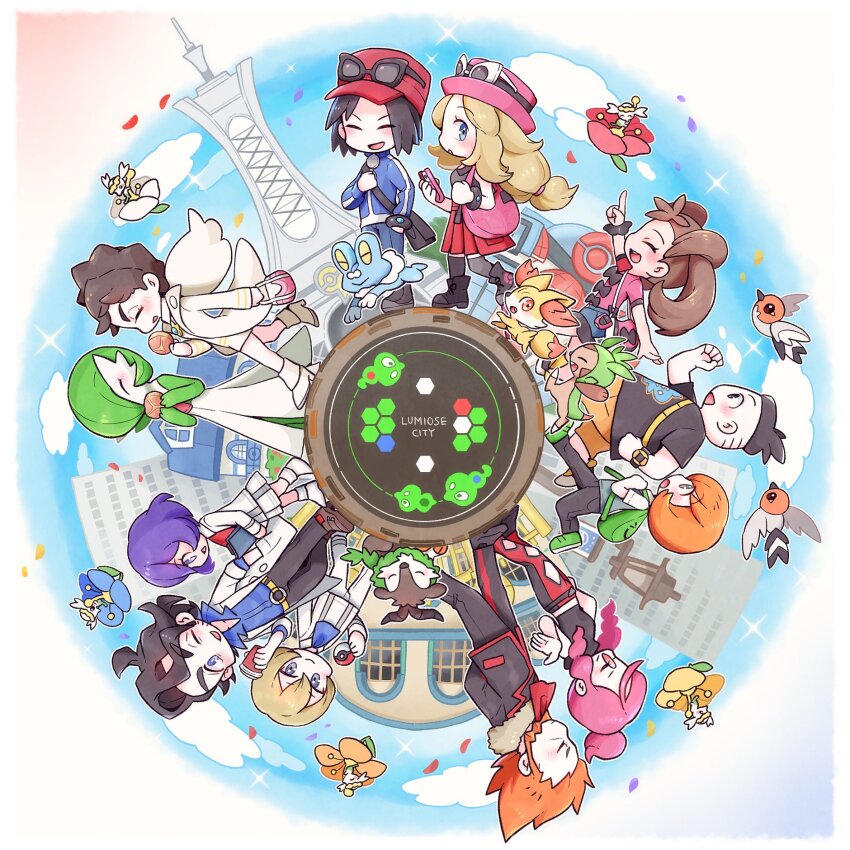 5girls 6+boys augustine_sycamore bag bird black-framed_eyewear black_hair blonde_hair blue_sky border bread brown_hair calem_(pokemon) chespin closed_eyes cloud commentary_request dexio_(pokemon) diantha_(pokemon) eating eyewear_on_headwear falling_petals fennekin flabebe fletchling flying food froakie gardevoir gen_3_pokemon gen_6_pokemon goat gohan_(horth-waribasi) green_bag handbag hat highres holding holding_bag holding_food jumping legendary_pokemon location_name long_hair lumiose_city lysandre_(pokemon) malva_(pokemon) multiple_boys multiple_girls nintendo open_mouth petals pink_bag pink_headwear pleated_skirt pokemon pokemon_center pokemon_xy red_skirt round_image running serena_(pokemon) shauna_(pokemon) shoulder_bag sina_(pokemon) skiddo skirt sky smile sunglasses tierno_(pokemon) tower trevor_(pokemon) walking white-framed_eyewear white_border zygarde zygarde_cell zygarde_core