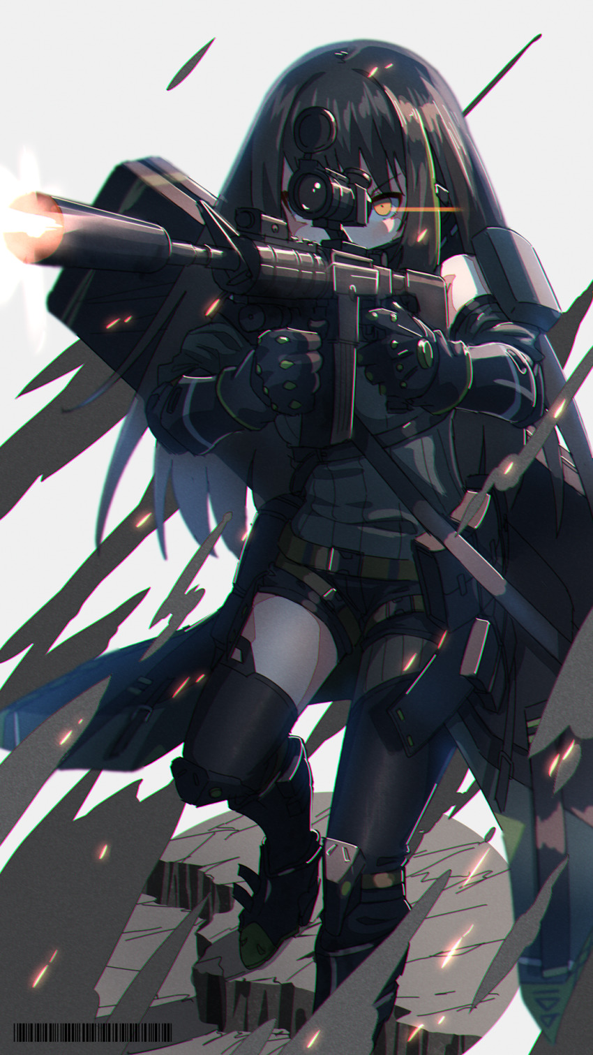 arm_guards arm_pouch arms_up assault_rifle asymmetrical_legwear barcode black_boots black_gloves black_hair black_shorts black_thighhighs boots brown_eyes chromatic_aberration combat_boots covered_face detached_sleeves firing foregrip full_body girls&#039;_frontline gloves green_eyes green_sweater gun highres holding holding_weapon knee_guards kuro_kosyou long_hair lying m4_carbine m4a1_(girls&#039;_frontline) m4a1_(mod3)_(girls&#039;_frontline) mask mod3_(girls&#039;_frontline) multicolored_hair muzzle_flash on_back rifle scope serious short_shorts shorts sight simple_background sleeveless sleeveless_sweater smoke solo standing strap suppressor sweater thighhighs thighs uneven_legwear weapon weapon_case white_background zettai_ryouiki