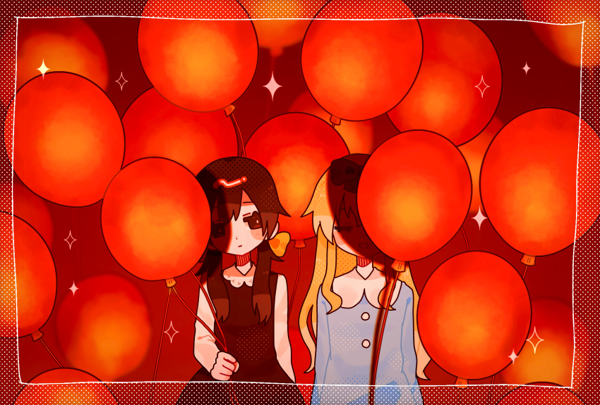 2girls absurdres apricot_(vocaloid) arm_at_side arms_at_sides balloon black_dress black_eyes black_hair blonde_hair blue_dress blush_stickers border bow closed_eyes closed_mouth cowboy_shot dress expressionless hair_bow hair_over_shoulder half-closed_eyes head_tilt highres holding holding_balloon iyowa_girls long_hair looking_at_another looking_to_the_side low_twintails multiple_girls okayu_(cwtv7823) open_mouth pajamy_(character)_(iyowa) red_background riko_(iyowa) shadow shirt side-by-side simple_background smile sparkle standing twintails white_border white_shirt