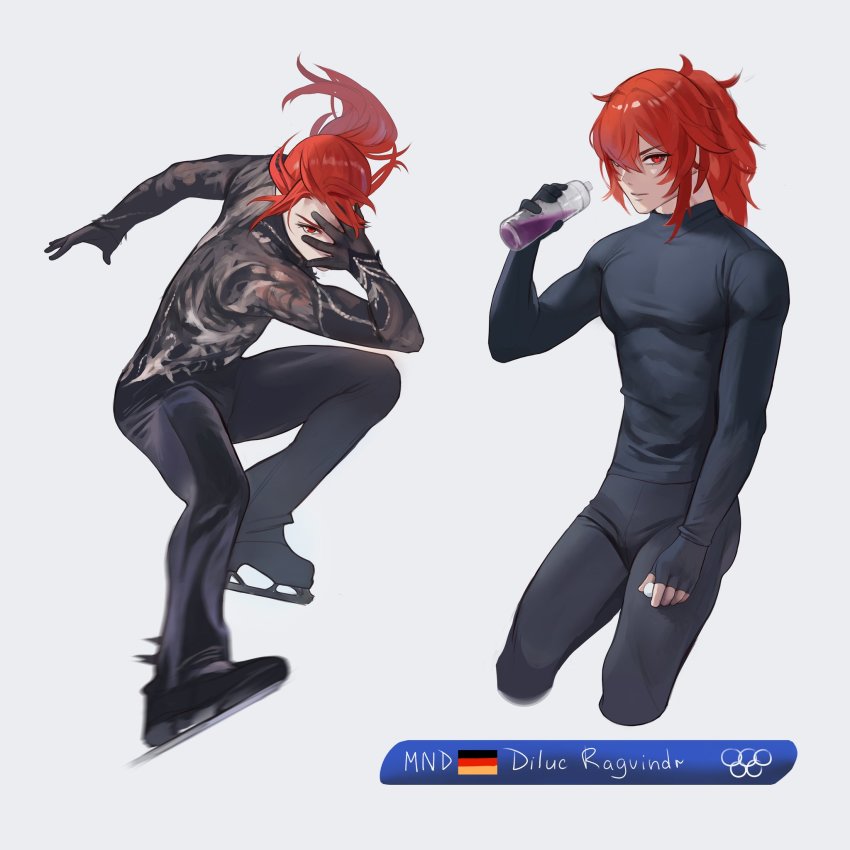 1boy alternate_costume black_gloves black_pants black_shirt bottle character_name commentary diluc_(genshin_impact) figure_skating fingerless_gloves genshin_impact german_flag gloves hair_between_eyes highres holding holding_bottle ice_skates ice_skating long_hair looking_back lu_luu99 male_focus motion_blur multiple_views olympic_rings olympics pants ponytail red_eyes red_hair shirt sidelocks simple_background single_fingerless_glove skates skating skin_tight white_background