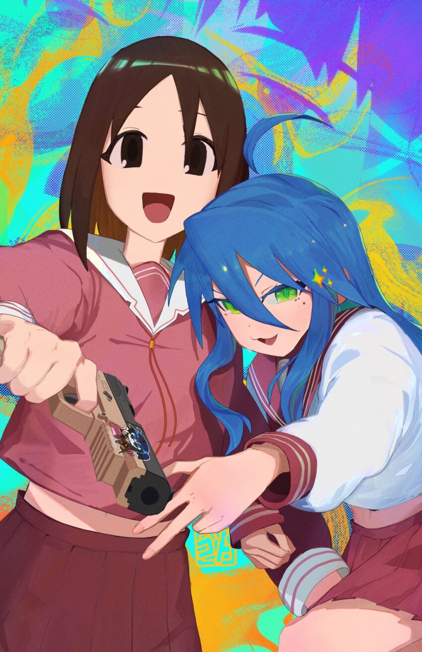 2girls abstract_background ahoge aiming aiming_at_viewer azumanga_daioh&#039;s_school_uniform azumanga_daiou blue_hair brown_eyes brown_hair crossover fn_five-seven godsh0t green_eyes gun handgun highres holding holding_another&#039;s_arm holding_gun holding_weapon iwakura_lain izumi_konata kasuga_ayumu long_hair long_sleeves looking_at_viewer lucky_star midriff_peek mole mole_under_eye multiple_girls open_mouth pink_sailor_collar pink_shirt pleated_skirt red_skirt ryouou_school_uniform sailor_collar school_uniform serafuku serial_experiments_lain shirt short_hair skirt smile v very_long_hair weapon white_sailor_collar white_shirt winter_uniform