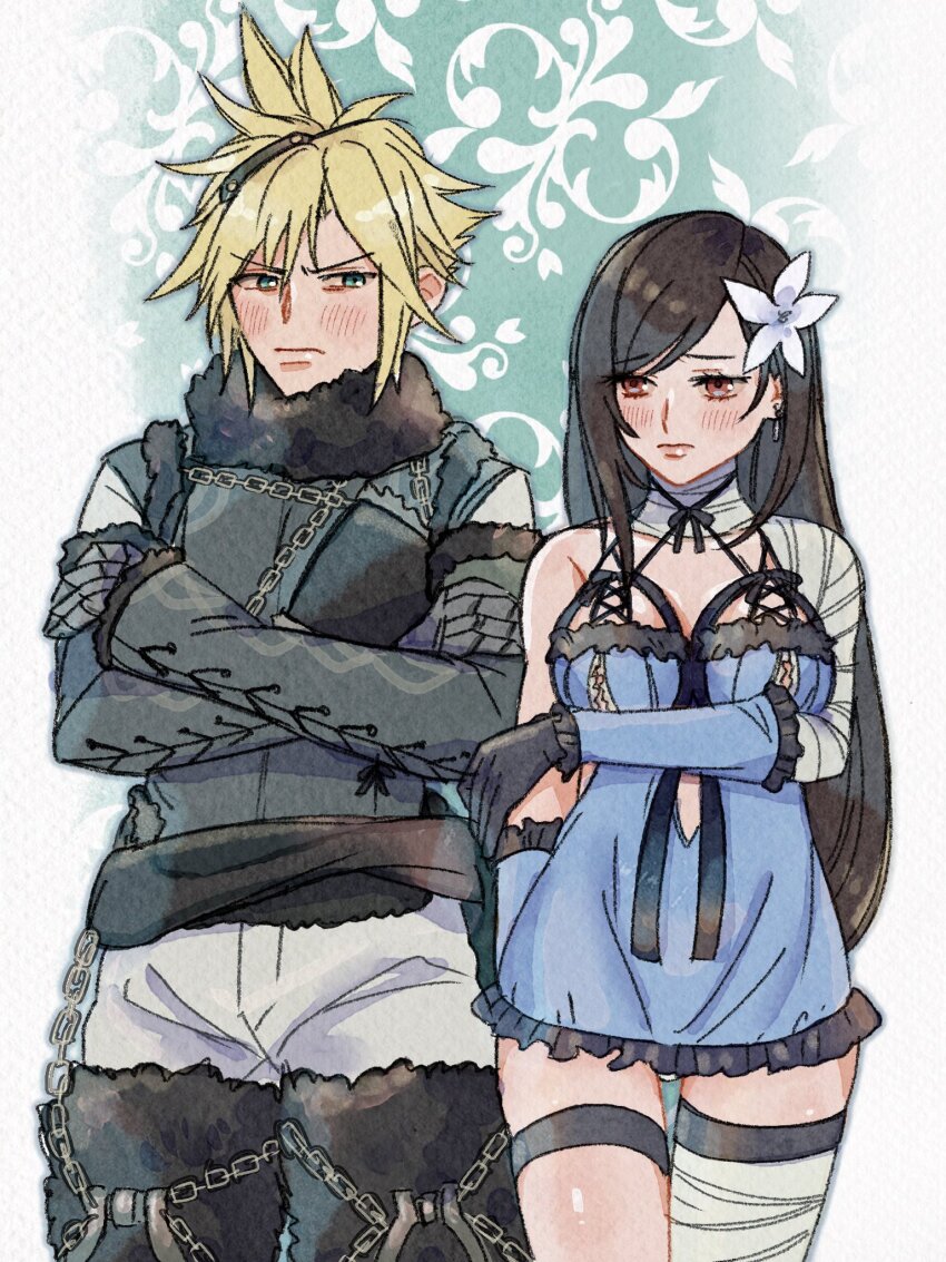 1boy 1girl arm_behind_back arm_under_breasts averting_eyes bandaged_arm bandaged_leg bandaged_neck bandages black_gloves black_hair blonde_hair blue_dress blue_eyes blue_negligee blush breasts chain closed_mouth cloud_strife commentary_request cosplay cowboy_shot cross-laced_clothes cross-laced_sleeves crossed_arms detached_sleeves dress earrings embarrassed final_fantasy final_fantasy_vii final_fantasy_vii_remake flower frilled_dress frills fur-trimmed_collar fur-trimmed_sleeves fur_trim gloves hair_flower hair_ornament height_difference highres jacket jewelry kaine_(nier) kaine_(nier)_(cosplay) large_breasts lips long_hair lunar_tear nier nier_(brother) nier_(brother)_(cosplay) nier_(brother)_(post_timeskip) nier_(series) red_eyes rena_s1226 short_dress short_hair single_bare_shoulder single_earring spiked_hair thigh_strap tifa_lockhart white_flower