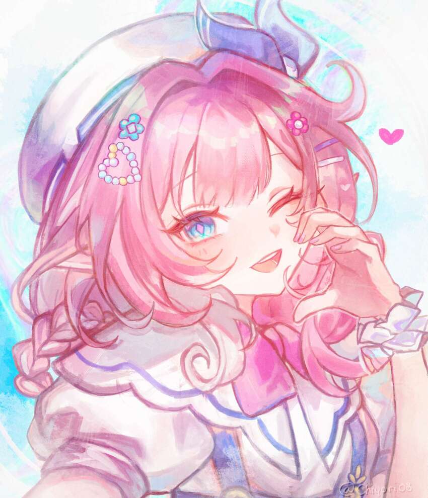 1girl ;o beret blue_eyes chiyori08 commentary cyrene_(aedes_elysiae)_(honkai:_star_rail) cyrene_(honkai:_star_rail) cyrene_(keeping_promise)_(honkai:_star_rail) english_commentary half-heart_hands hat heart highres honkai:_star_rail honkai_(series) looking_at_viewer official_alternate_costume one_eye_closed pink_hair shirt short_hair solo upper_body white_shirt