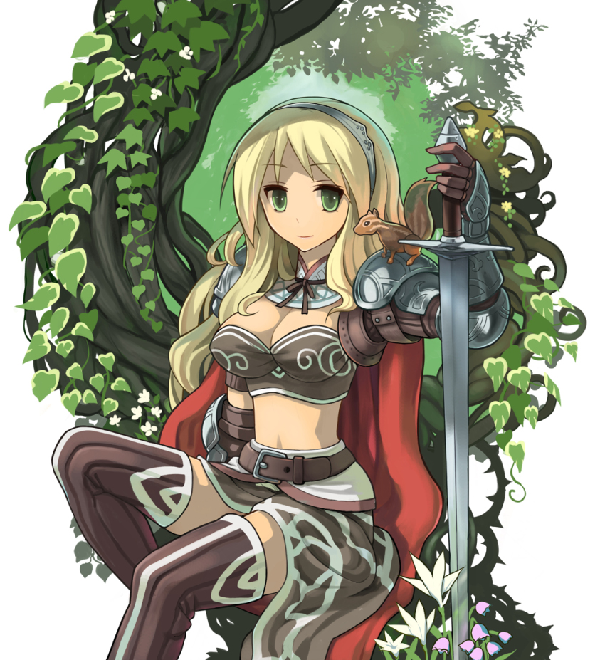 1girl animal animal_on_shoulder armor belt bikini_armor blonde_hair bow breasts brown_gloves brown_thighhighs cape cleavage crop_top detached_collar female_focus floral_background flower gloves green_eyes hair_bow hairband highres ivy light_smile long_hair looking_at_viewer medium_breasts midriff original pauldrons shoulder_armor sitting skirt solo squirrel sword thighhighs tree vambraces weapon yuugiri_(u-slash) zettai_ryouiki