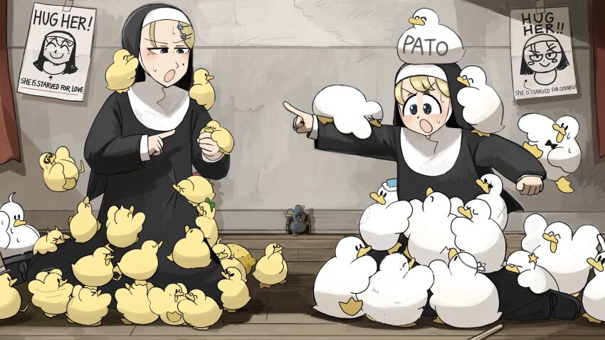 2girls :o bird black_footwear blonde_hair blue_eyes body_writing chicken clumsy_nun_(diva) commentary diva_(hyxpk) duck duckling english_commentary flower food frog_headband fruit habit hair_flower hair_ornament hairclip highres hug lemon little_nuns_(diva) mole mole_on_cheek mouse_(animal) mouse_hole multiple_girls nun pointing pointing_to_the_side poster_(object) slice_of_life star_ornament strict_nun_(diva) traditional_nun