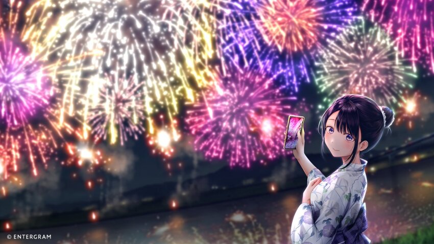 1girl aerial_fireworks artist_request black_hair cellphone closed_mouth commentary_request copyright_notice fireworks floral_print floral_print_kimono hair_bun holding holding_phone japanese_clothes kimono konomi_yui looking_at_viewer phone print_kimono purple_sash sash seifuku_kanojo single_hair_bun smartphone smile solo white_kimono yukata