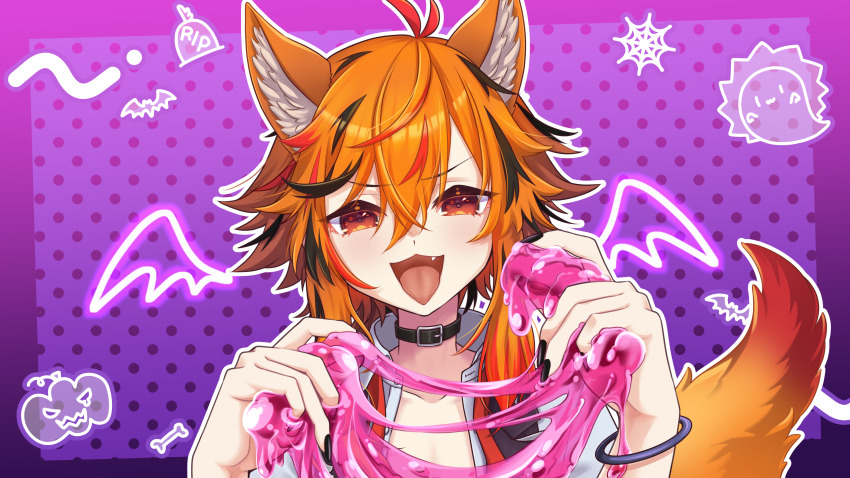 1girl absurdres animal_ears belt belt_collar black_belt black_hair black_nails black_vest collar collarbone fang fingernails fox_ears fox_girl fox_tail hair_between_eyes highres kazami_kuku kemonomimi_mode large_variant_set long_bangs long_hair looking_at_viewer multicolored_hair nail_polish nanashi_inc. open_clothes open_shirt open_vest orange_eyes orange_hair red_hair reona_kfc02 shirt slime_(substance) smile solo tail tongue tongue_out upper_body v-shaped_eyebrows variant_set vest virtual_youtuber white_shirt