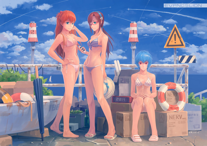 3girls ayanami_rei barefoot bikini blue_eyes blue_hair blue_sky boat box brown_hair cardboard_box closed_umbrella cloud day flip-flops glasses hair_ornament hairband halterneck highres innertube long_hair looking_at_viewer makinami_mari_illustrious mangshuo multiple_girls neon_genesis_evangelion polka_dot polka_dot_bikini polka_dot_swimsuit rebuild_of_evangelion red-framed_eyewear red_eyes sandals side-tie_bikini_bottom sitting sky slippers souryuu_asuka_langley string_bikini striped_bikini striped_clothes summer swim_ring swimsuit umbrella watercraft