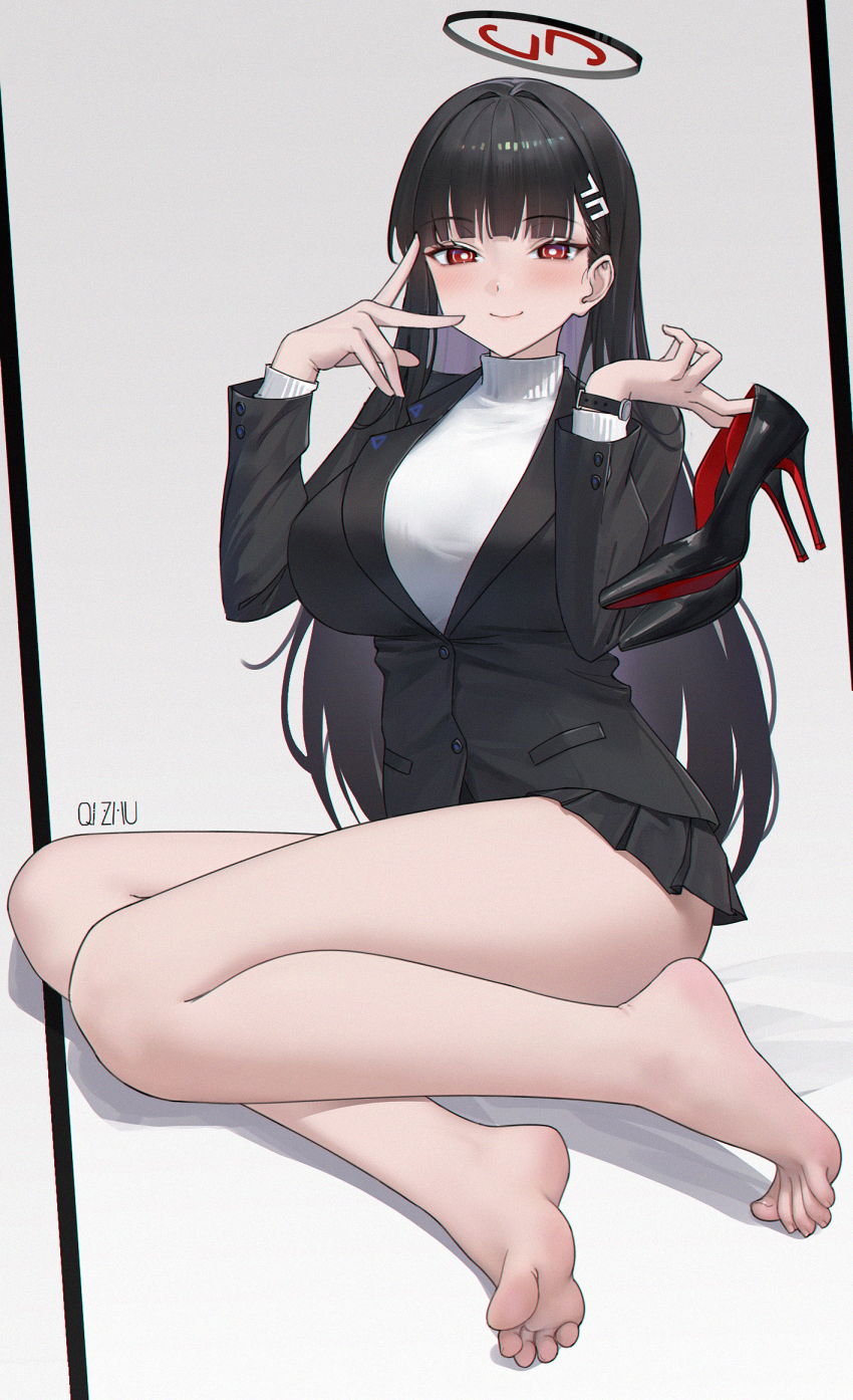 1girl bare_legs barefoot black_jacket black_shoes black_skirt blue_archive breasts feet full_body high_heels highres jacket large_breasts long_hair qizhu red_eyes rio_(blue_archive) shoes sitting skirt soles solo sweater toes unworn_shoes very_long_hair watch white_sweater wristwatch