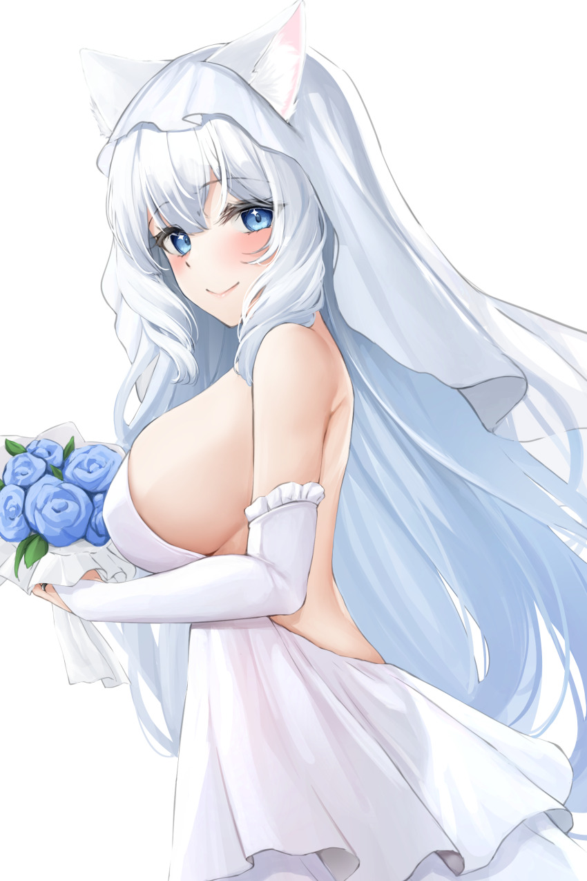 1girl absurdres animal_ear_fluff animal_ears backless_dress backless_outfit bare_shoulders benedia blue_eyes blue_flower blue_rose blush bouquet breasts bridal_gauntlets bridal_veil closed_mouth cowboy_shot dress flower frills from_side grey_hair highres holding holding_bouquet large_breasts long_hair looking_at_viewer looking_to_the_side original rose sideboob smile solo transparent_background veil very_long_hair wedding_dress white_dress