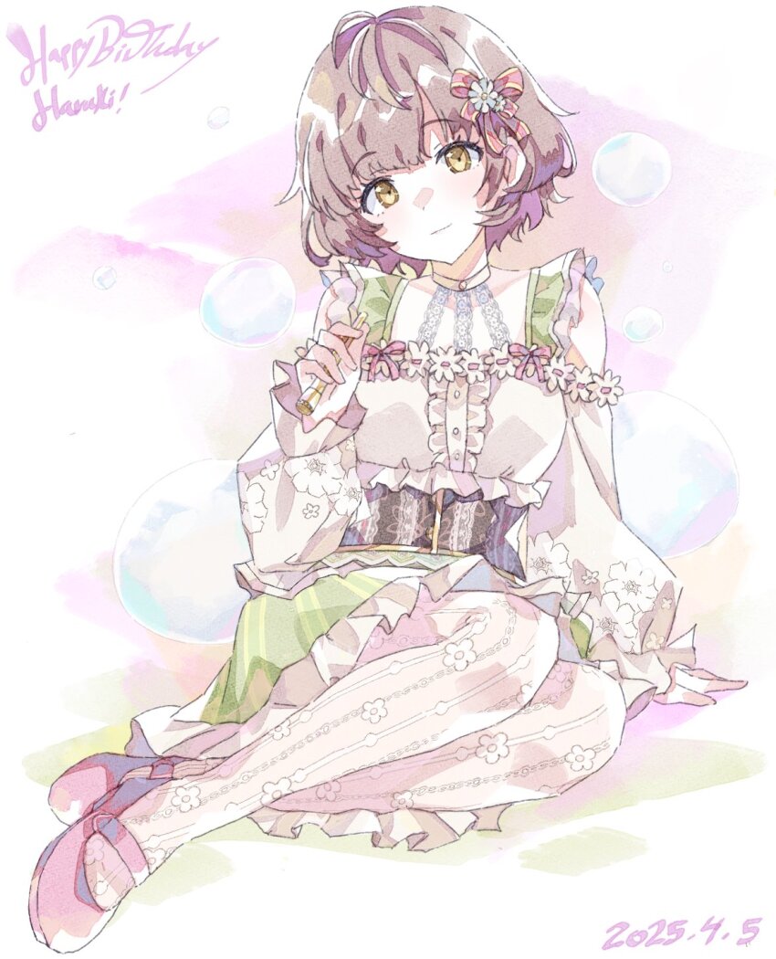 1girl ahoge birthday black_corset bow bow_flower breasts brown_hair bubble bubble_pipe character_name closed_mouth clothing_cutout commentary_request corset dated dot_nose english_text eyelashes floral_print_shirt flower frilled_shirt frilled_skirt frills full_body green_skirt hair_bow halter_shirt halterneck hand_on_ground hand_up happy_birthday head_tilt high_heels highres holding holding_toy idol idol_clothes idolmaster idolmaster_shiny_colors ikuta_haruki lace_pantyhose light_smile long_sleeves looking_at_viewer medium_breasts nara1508 official_alternate_costume pantyhose parted_bangs pink_ribbon red_bow red_shoes ribbon shirt shirt_ribbon shoes short_hair shoulder_cutout sitting skirt smile solo toy white_flower white_pantyhose white_shirt yellow_eyes yellow_trim