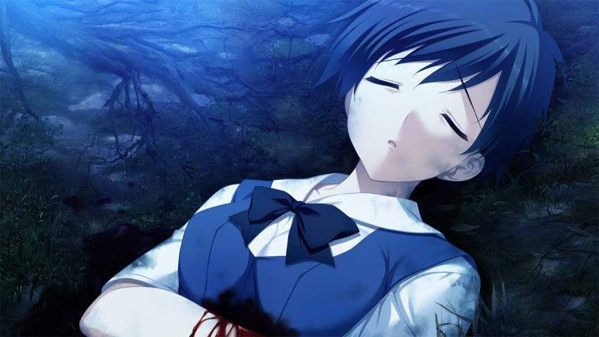 1girl black_bow black_bowtie black_hair bleeding blood bow bowtie breasts closed_eyes death dirty dirty_clothes dirty_face fumio_(ura_fmo) game_cg grisaia_(series) grisaia_no_rakuen injury lying medium_breasts non-web_source official_art on_back on_ground outdoors parted_lips plant_roots sakuma_minori school_uniform shirt short_hair short_sleeves solo upper_body variant_set white_shirt
