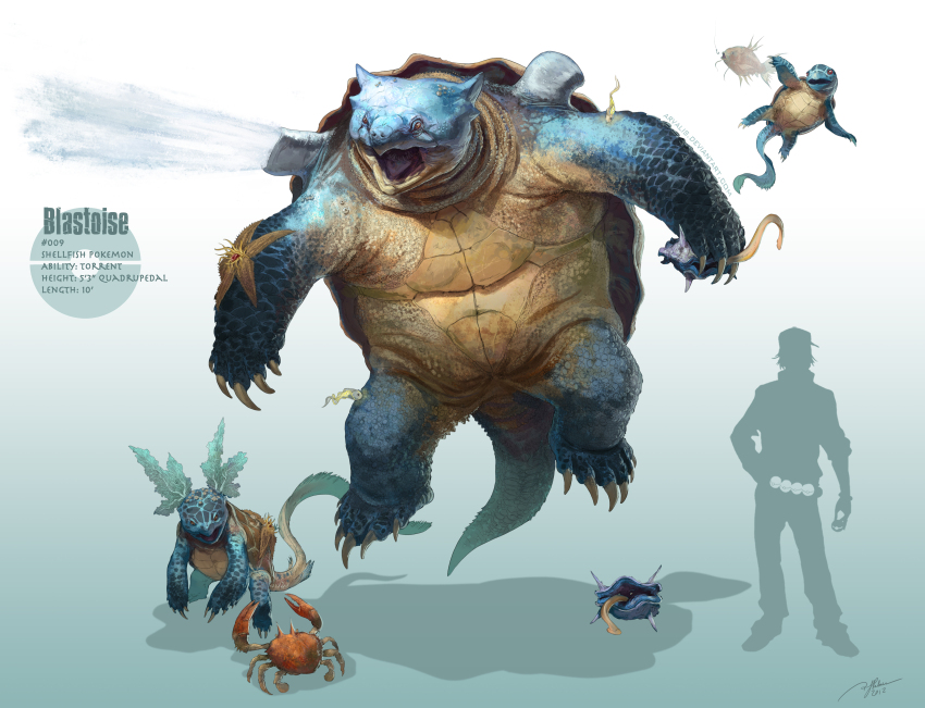 absurdres animal_focus arvalis baseball_cap blastoise brown_eyes character_name claws commentary creature deviantart_username english_commentary english_text fish_hook gen_1_pokemon gen_5_pokemon hat height highres holding holding_poke_ball krabby magikarp nintendo poke_ball pokemon pokemon_(creature) realistic seaweed shadow shellder short_hair snapping_turtle squirtle staryu stats tail turtle turtle_shell tympole wartortle