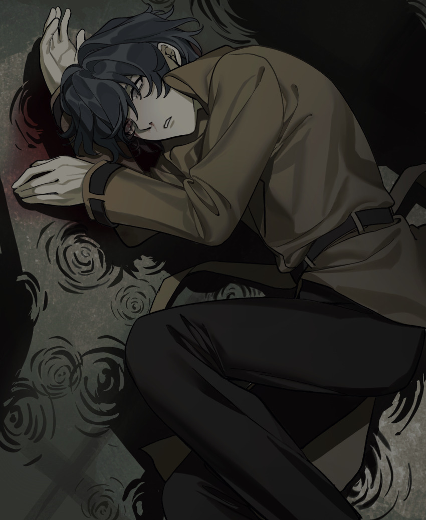 1boy absurdres belt black_belt black_hair black_pants blood blood_in_water brown_coat chunaizhanshi23057 coat commentary empty_eyes feet_out_of_frame grey_eyes highres long_sleeves lying male_focus nosebleed on_ground on_side pants ripples saibou_shinkyoku short_hair solo utsugi_noriyuki
