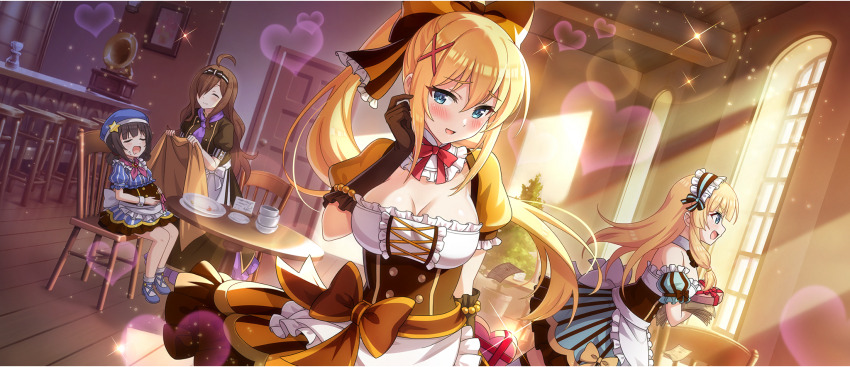 4girls ahoge apron arm_behind_back beret big_belly bloated blonde_hair blue_eyes blue_hat blush bow bow_hairband bowtie box breasts brown_bow brown_corset brown_gloves brown_hair cafe cecily_(konosuba) cleavage cleavage_cutout closed_eyes clothing_cutout collar corset covering_with_blanket darkness_(konosuba) dress elbow_gloves finger_to_cheek frilled_dress frilled_hairband frills full_stomach furrowed_brow game_cg gloves hair_bow hair_ornament hair_over_one_eye hairband hands_on_own_stomach hat hat_ornament heart heart-shaped_box highres indoors komekko kono_subarashii_sekai_ni_shukufuku_wo! konosuba!_fantastic_days large_breasts leaning_to_the_side long_hair looking_at_viewer looking_outside low-tied_sidelocks matching_outfits multicolored_dress multiple_girls neck_ribbon off-shoulder_dress off_shoulder official_alternate_costume official_art open_mouth pink_bow pink_bowtie ponytail puffy_short_sleeves puffy_sleeves red_ribbon ribbon shiny_skin short_hair short_sleeves short_twintails sidelocks smile star_(symbol) star_hat_ornament striped_clothes striped_dress sunlight too_many too_many_hearts twintails valentine vertical-striped_clothes vertical-striped_dress very_long_hair waist_apron waist_bow wavy_hair white_apron white_collar window wiz_(konosuba) x_hair_ornament yellow_bow