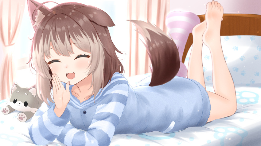 1girl :d ^_^ absurdres animal_ear_fluff animal_ears arm_support barefoot bed bone-shaped_pillow brown_hair closed_eyes curtains dog_ears dog_girl dog_tail fangs fluffy_clothes full_body hasuki_rui highres hood hood_down hoodie indie_virtual_youtuber indoors long_sleeves loungewear lying medium_hair multicolored_hair on_bed on_stomach open_mouth paashe paw_print pillow single_ear_down smile stuffed_animal stuffed_dog stuffed_toy tail two-tone_hair virtual_youtuber window