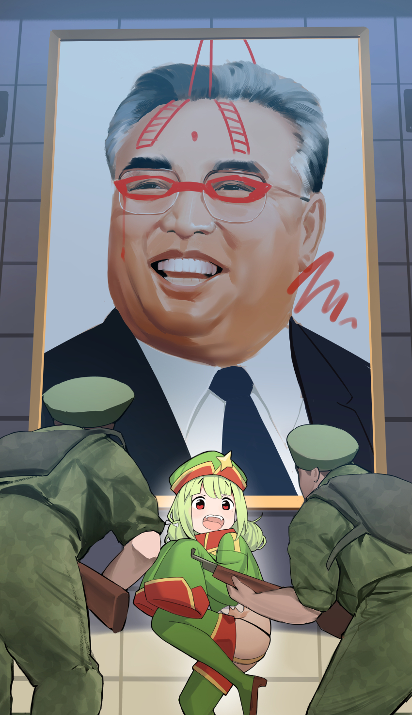 1girl 2boys absurdres araga_kiwi boots commentary dated_commentary foot_out_of_frame green_boots green_hair green_hat green_pants green_shirt gun hat hat_ornament highres holding holding_gun holding_weapon kim_il-sung mahou_shoujo_ni_akogarete medium_hair multiple_boys nekokatana_catana no_pants open_mouth painting_(object) pants photo-referenced real_life red_eyes shirt sleeves_past_fingers sleeves_past_wrists soldier solo_focus standing standing_on_one_leg star_(symbol) star_hat_ornament vandalism weapon